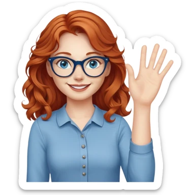 redheaded woman with long wavy hair, blue eyes, cat-eye glasses, casual outfit, smiling, waving sticker