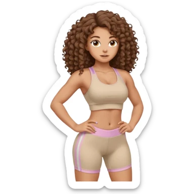 Create dream body girl with big glute and small waist and brown flat no volume curly long hair with pastel beige gym clothes  sticker