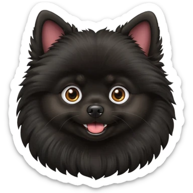 Create an emoji-style illustration of a black Pomeranian dog. The dog should have fluffy fur, a small round face, perky ears, and a cheerful expression. Keep the background simple or transparent. The emoji should be cute, expressive, and suitable for digital use sticker