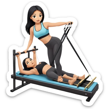 woman with tanned skin, long black hair, wearing a sports bra, doing exercise on a Pilates reformer machine sticker