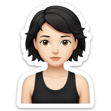 a white woman with short tomboy wavy black hair wearing men's black tank top sticker