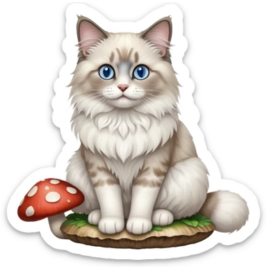 A ragdoll cat with blue eyes sitting on a mushroom sticker