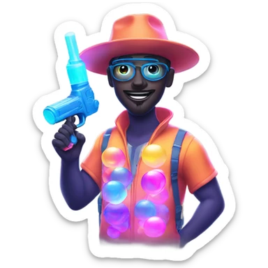 Guy in glowing outfit and hat with bubble guns in each hand sticker