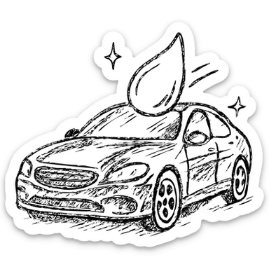 hand-drawn outlined icon of a full high-end vehicle with glossy black paint, strong shine and reflections, water droplet sliding on the surface, subtle repellent effect, clean and modern sticker