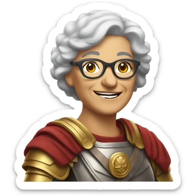 smiling older lady with glasses in Roman Soldier Armour  sticker