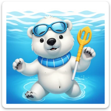 friendly anthropomorphised polar bear swimming in a wide pool, wearing colorful swim trunks and snorkel gear sticker
