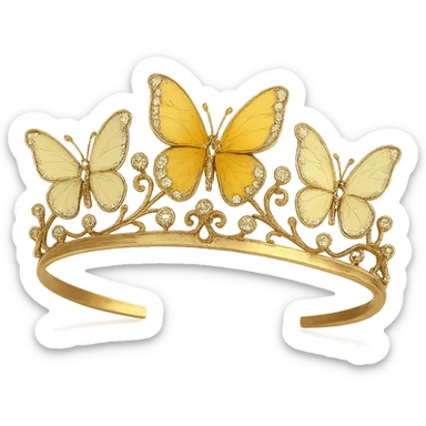 butterfly crown with a golden yellow base, just two or three butterflies in pastel and deep yellow enamel, sparkling gems sticker