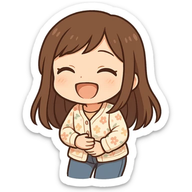 chibi sticker of a girl with brown straight hair and brown eyes, wearing a pastel floral cardigan and jeans, laughing with eyes closed, holding her stomach, white outline, transparent background, 512x512px sticker