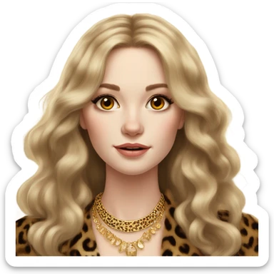 Beautiful pale skin women, long voluminous light brown hair, lots of gold jewelry, leopard fur coat  sticker