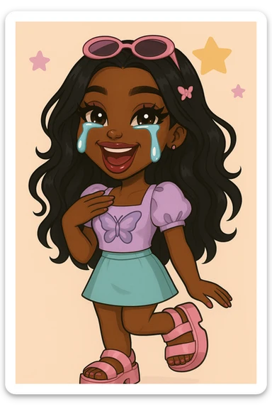 Change her outfit style to a cute pastel Y2K look, keep her as a 20-year-old anime Bratz style woman with dark skin, dark hair, crying laughing expression, big expressive eyes, and glossy lips. sticker