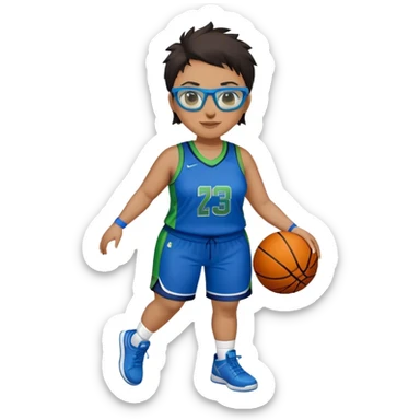 Full Body plus size white female basketball player with short dark hair with highlights spike hair wearing blue glasses  wearing blue green uniform smiling sticker