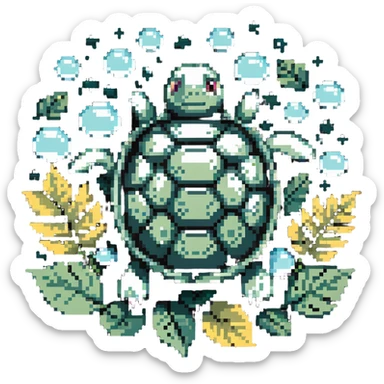 A turtle with a shell made of leaves and surrounded by floating bubbles sticker