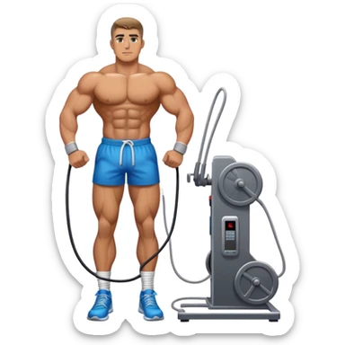athlete standing next to cable-machine with cable tied to ankle cuffs sticker