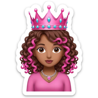 Brown girl diva long curly brown hair with pink crown sticker