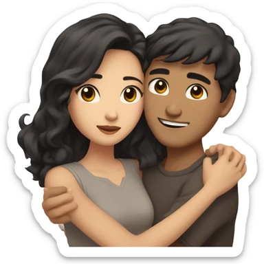 A pale half Asian man with short dark hair and amber eyes embracing and loving a half Asian woman with long wavy dark hair and dark hazel eyes. They love each other a lot And have good fashion taste and are hugging each other tight  sticker