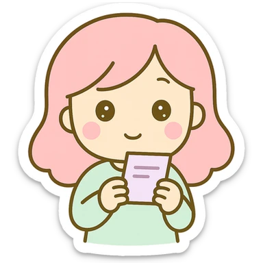 Edit the image to show the woman checking out a receipt, holding a receipt and looking at it, in the same kawaii chibi anime style with flat pastel colors, thick outlines, and simple cute features. Keep the background transparent. sticker
