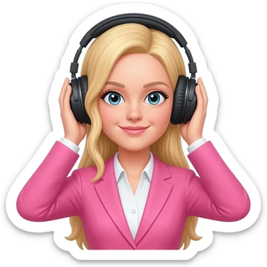 Woman in blonde hair and pink suit wear a black headphones on head connect to pink iphone max pro and hold on headphones on head with hands on headphones sticker