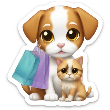 Calico cat and Shitzu puppy with shopping bags sticker