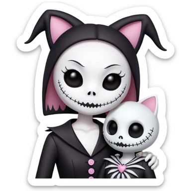 kuromi from hello kitty and jack skellington in a romantic embrace sticker