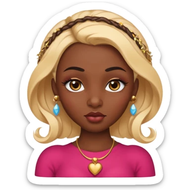 darkskin female with eyebrows that are naturally shaped and frame eyes well, eyes that are almond-shaped with defined lashes. nd lips are full with a defined cupid’s bow, add also a septum piercing that adds an edgy, stylish flair. a middle-part, honey blonde bust-down with laid baby hairs sticker