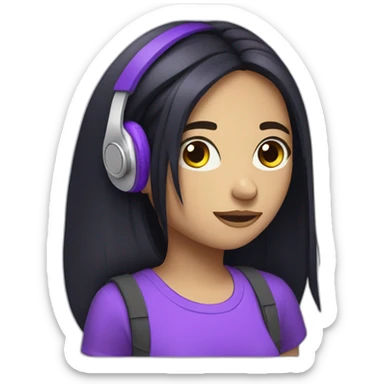 a depressive girl with purple headphones and straight black hair she will have a purple backpack the hair will be parted in the middle and long and the t-shirt will have a text sticker
