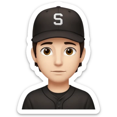 male, dark brown hair, dark brown eyes, fair skin, black baseball hat, no smile sticker