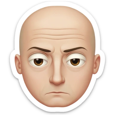 Steven Miller, bald, scowling expression, narrow rectangular head, bottom lip sticking out, eyelids almost closed and lower on the outside, dark circles around eyes sticker