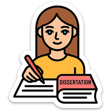 Beautiful girl with brown hair and blue eyes is writing a dissertation sticker