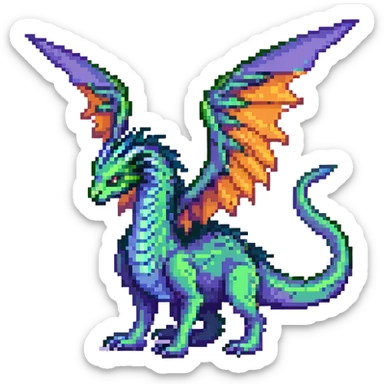 mystical wyrm with a long tail and large wings, colored green, blue, and purple sticker