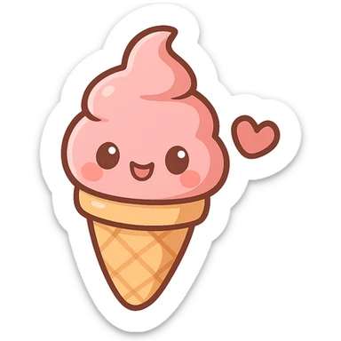 chibi sticker-style ice cream cone with a heart accent, cute and exaggerated sticker
