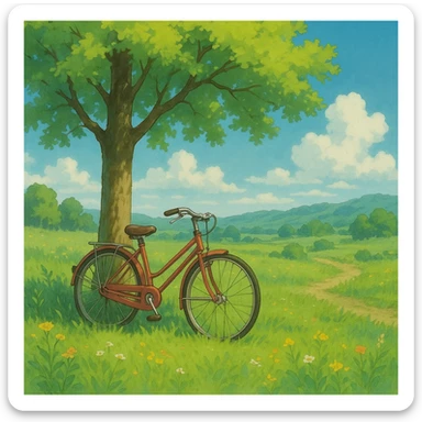 bicycle leaning against a tree, ghibli style sticker