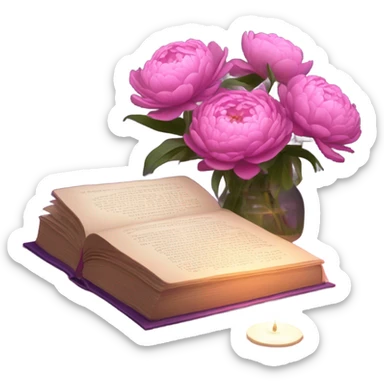 A still-life painting style: a violet book with a bouquet of pink daisies and dark pink peonies, candlelight illuminating the scene. sticker