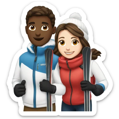 White brunette boy and white brunette girl skiing together in love (just them two, they are both white and brunette) sticker
