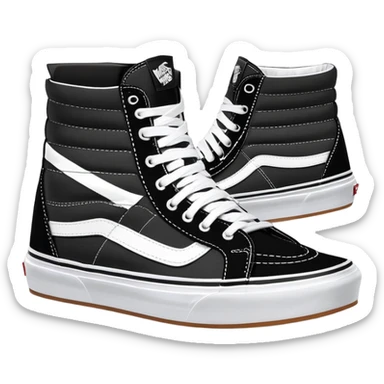 Pair of black Vans Sk8-Hi sneakers clearly arranged with one directly behind the other, high-top skate shoes with white jazz stripe, black canvas upper, white stitching, white rubber sole sticker