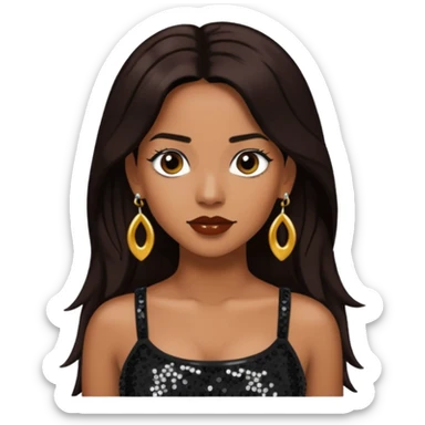 Chilli from TLC with long dark brown hair, black sequin crop top, black earring sticker