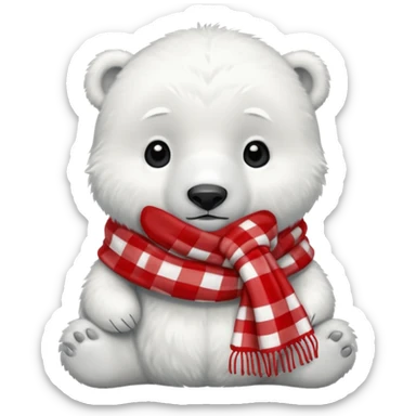 baby polar bear wearing a red and white checkered scarf sticker