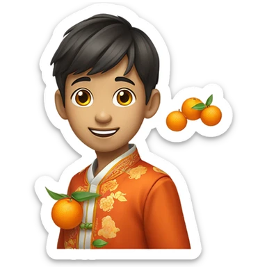 portrait of a stylish boy with mandarin oranges for chinese new year sticker