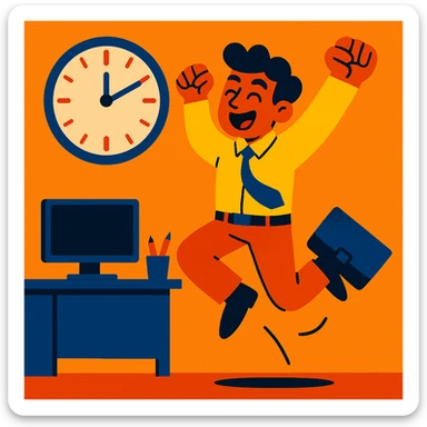 energetic worker jumping up as clock hits 5pm sticker