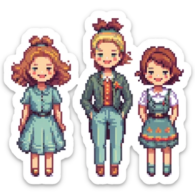 four happy people inspired by the year 1975, retro fashion and hairstyles, vibrant and joyful atmosphere sticker