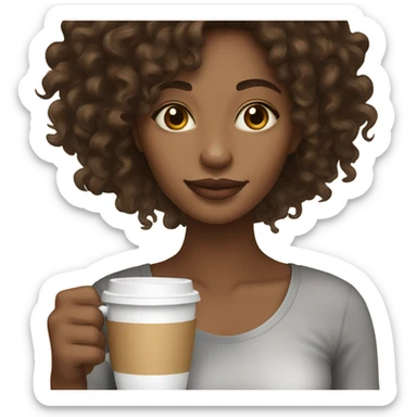 light brown skin woman with long dark brown curly hair sipping coffee sticker