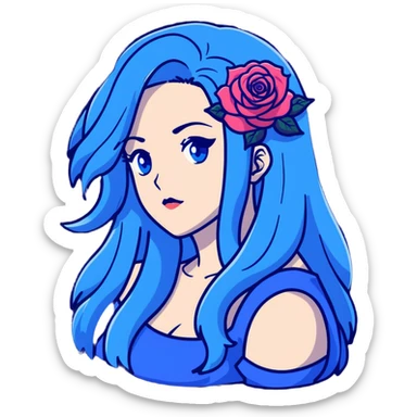 head portrait of anime girl with long dark blue hair, blue rose in hair, blue eyes, JoJo's Bizarre Adventure art style, dramatic look, head only sticker