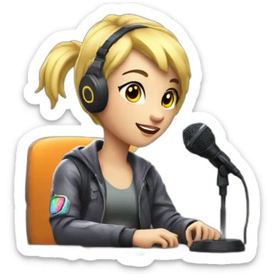 Blonde short hair Gamer with mic on mic arm sitting at desk with neon lights in gaming room sticker