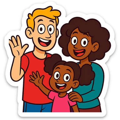 vibrant toon style family with white dad, black mom, and black child, no background sticker