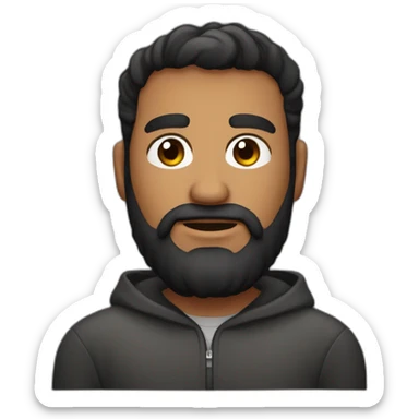 hombre oscuro, fornido, de cabello corto canoso, ojos marrones, cejas pobladas gruesas, barba canosa con sueter sticker