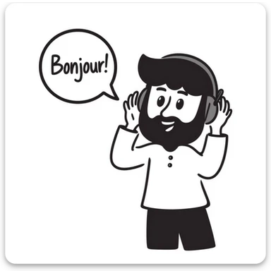 Anime-style character saying "Bonjour!", with black hair, brown eyes, black beard, wearing gaming headphones, Japanese animation style sticker