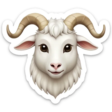Cinematic Noble White Goat Portrait Emoji, Poised and regal, with a sturdy, agile build and a pristine, smooth white fur accented by gracefully curved horns, deep-set soulful dark eyes, Simplified yet sharp and sophisticated features, highly detailed, glowing with a soft, dignified glow, high shine, intelligent and spirited, stylized with an air of pastoral elegance, focused and attentive, soft glowing outline, capturing the essence of a watchful and confident goat, so majestic it feels as though it could leap out of the screen with effortless authority! sticker