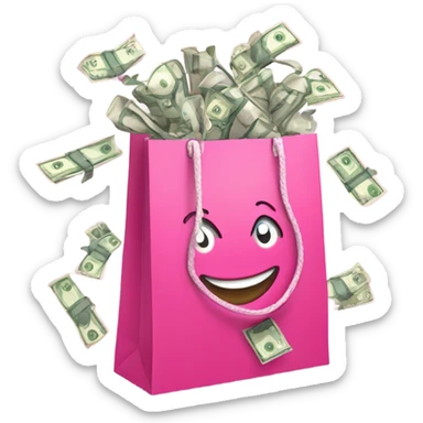 Multiple pink shopping bags with sparkles and money notes around them sticker