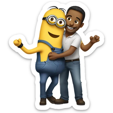men hugging a minion sticker