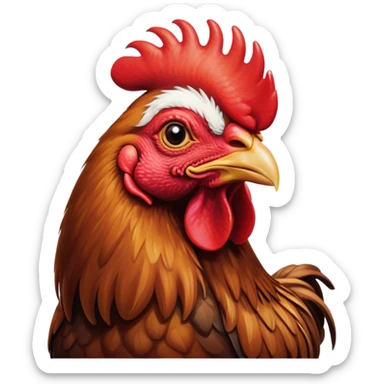 Cinematic Noble Brown Rooster Portrait Emoji, Poised and regal, with a robust, commanding build and a rich, well-groomed brown plumage, deep-set soulful warm eyes, Simplified yet sharp and sophisticated features, highly detailed, glowing with a soft, dignified glow, high shine, intelligent and proud, stylized with an air of rustic majesty, focused and attentive, soft glowing outline, capturing the essence of a watchful and confident leader, so majestic it feels as though it could crow out of the screen with effortless authority! sticker