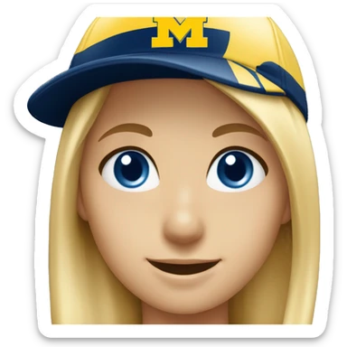 Blonde girl with blue eyes smiling wearing University of Michigan ball cap sticker